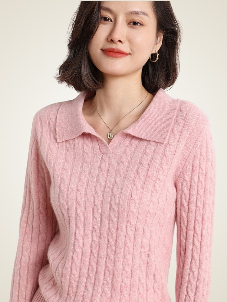 Lanly Cashmere Cable Knit Polo Sweater - Mongolia Cashmere V-Neck Pullover