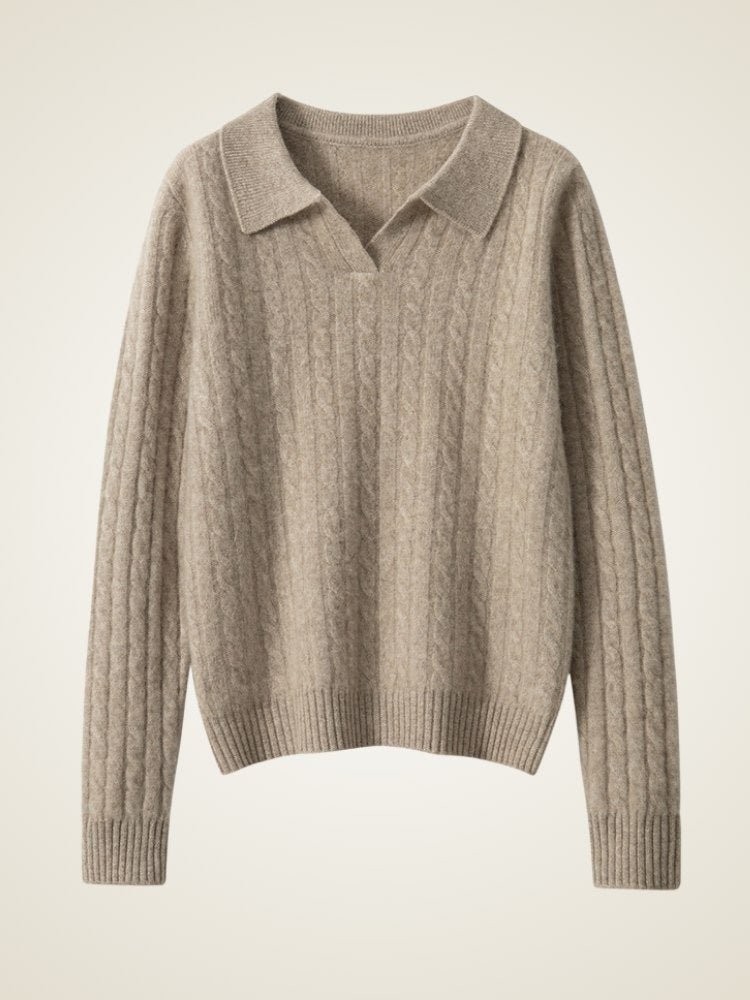 Lanly Cashmere Cable Knit Polo Sweater - Mongolia Cashmere V-Neck Pullover