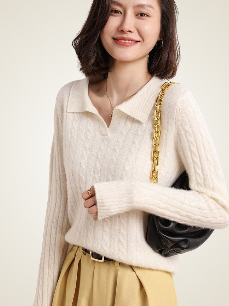 Lanly Cashmere Cable Knit Polo Sweater - Mongolia Cashmere V-Neck Pullover