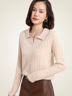 Lanly Cashmere Cable Knit Polo Sweater - Mongolia Cashmere V-Neck Pullover