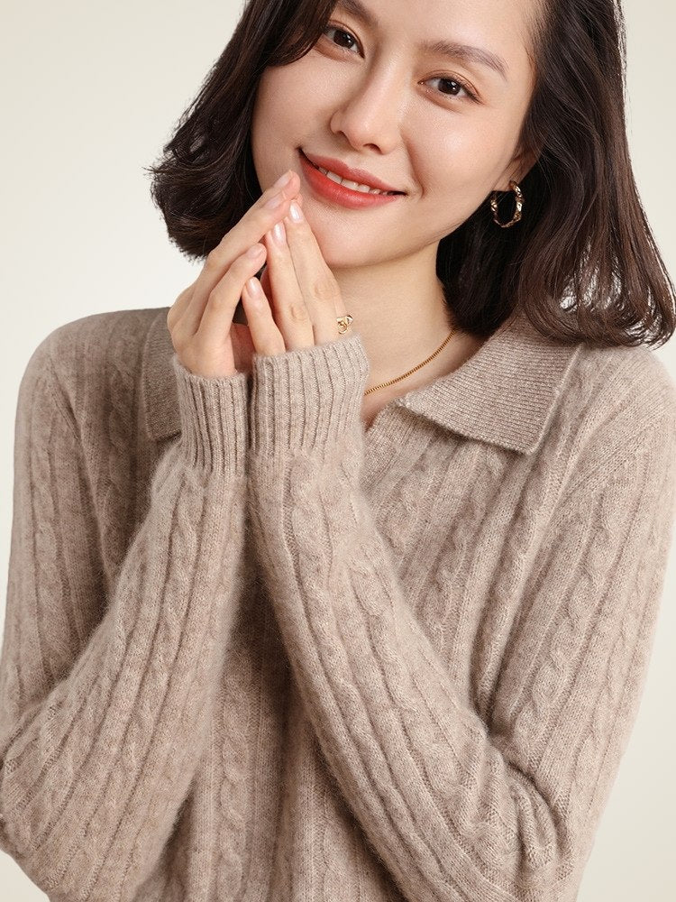 Lanly Cashmere Cable Knit Polo Sweater - Mongolia Cashmere V-Neck Pullover