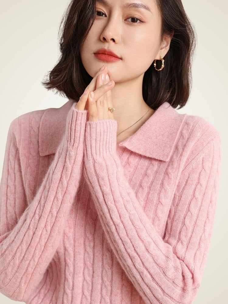 Lanly Cashmere Cable Knit Polo Sweater - Mongolia Cashmere V-Neck Pullover