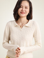 Lanly Cashmere Cable Knit Polo Sweater - Mongolia Cashmere V-Neck Pullover