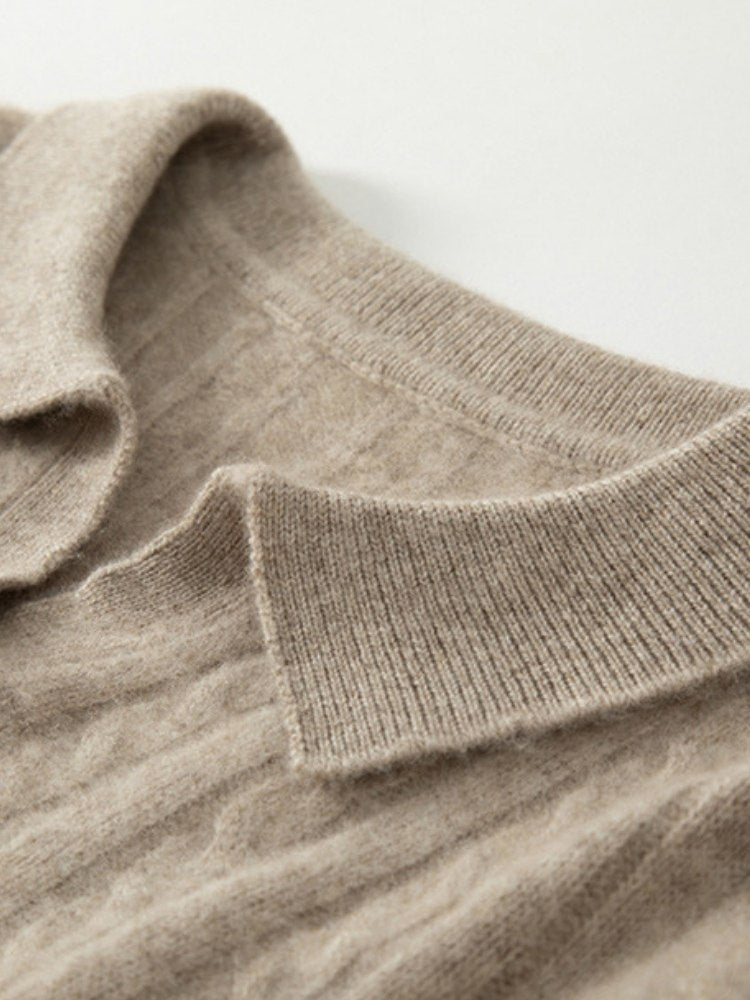 Lanly Cashmere Cable Knit Polo Sweater - Mongolia Cashmere V-Neck Pullover