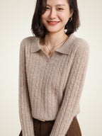 Lanly Cashmere Cable Knit Polo Sweater - Mongolia Cashmere V-Neck Pullover
