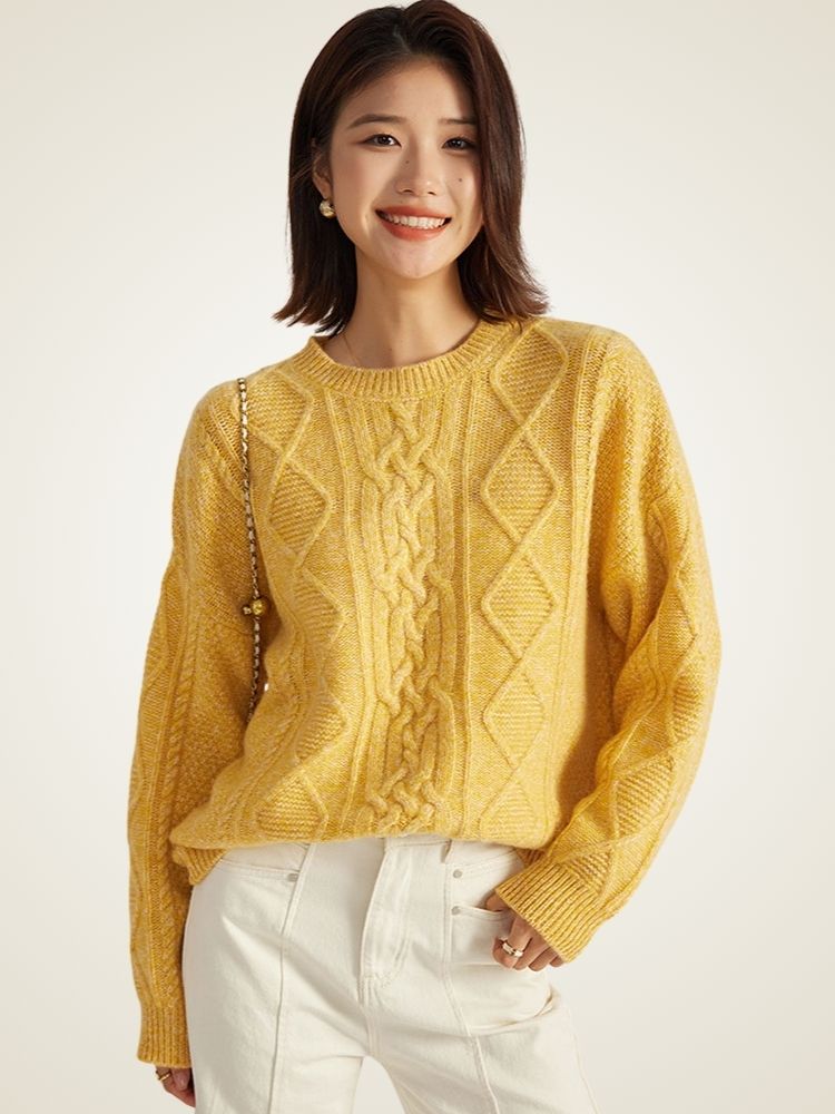Lanly Cashmere Cable Knit Sweater - Mongolia Cashmere Crewneck Pullover