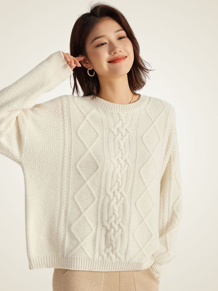 Lanly Cashmere Cable Knit Sweater - Mongolia Cashmere Crewneck Pullover
