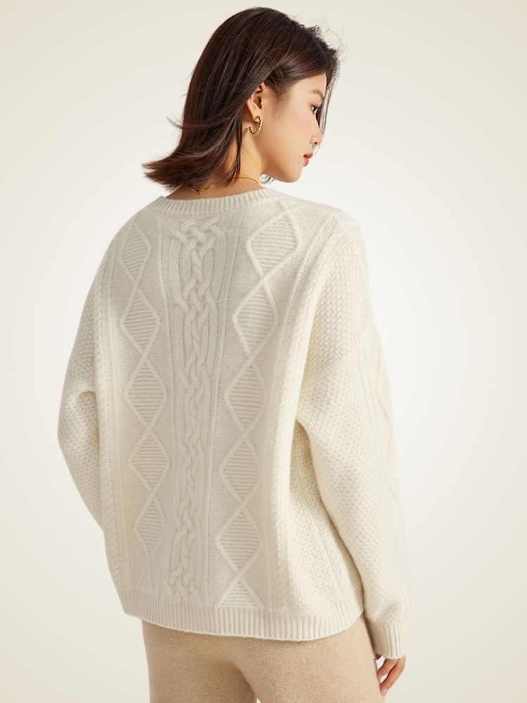 Lanly Cashmere Cable Knit Sweater - Mongolia Cashmere Crewneck Pullover