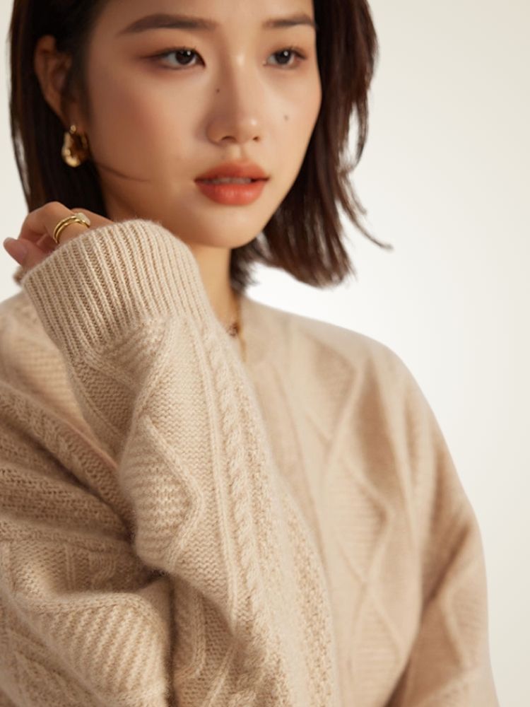 Lanly Cashmere Cable Knit Sweater - Mongolia Cashmere Crewneck Pullover