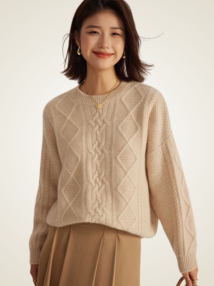 Lanly Cashmere Cable Knit Sweater - Mongolia Cashmere Crewneck Pullover