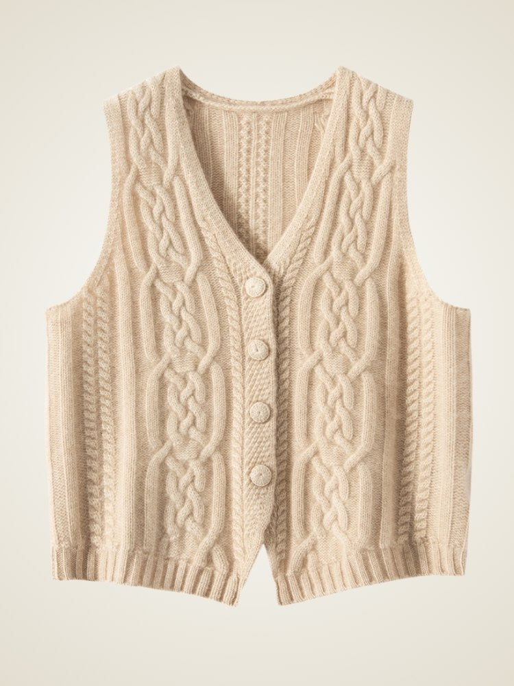 Lanly Cashmere Cable Vest - Beige Mongolia V-Neck Button Cardigan
