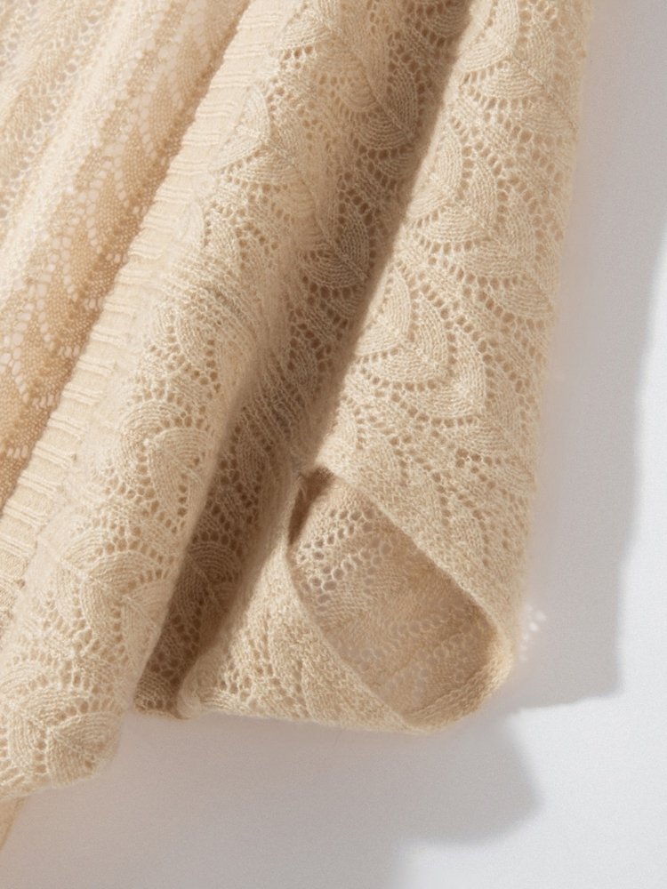 Lanly Cashmere Cocoon Cardigan - Beige Mongolia Pointelle Open Sweater