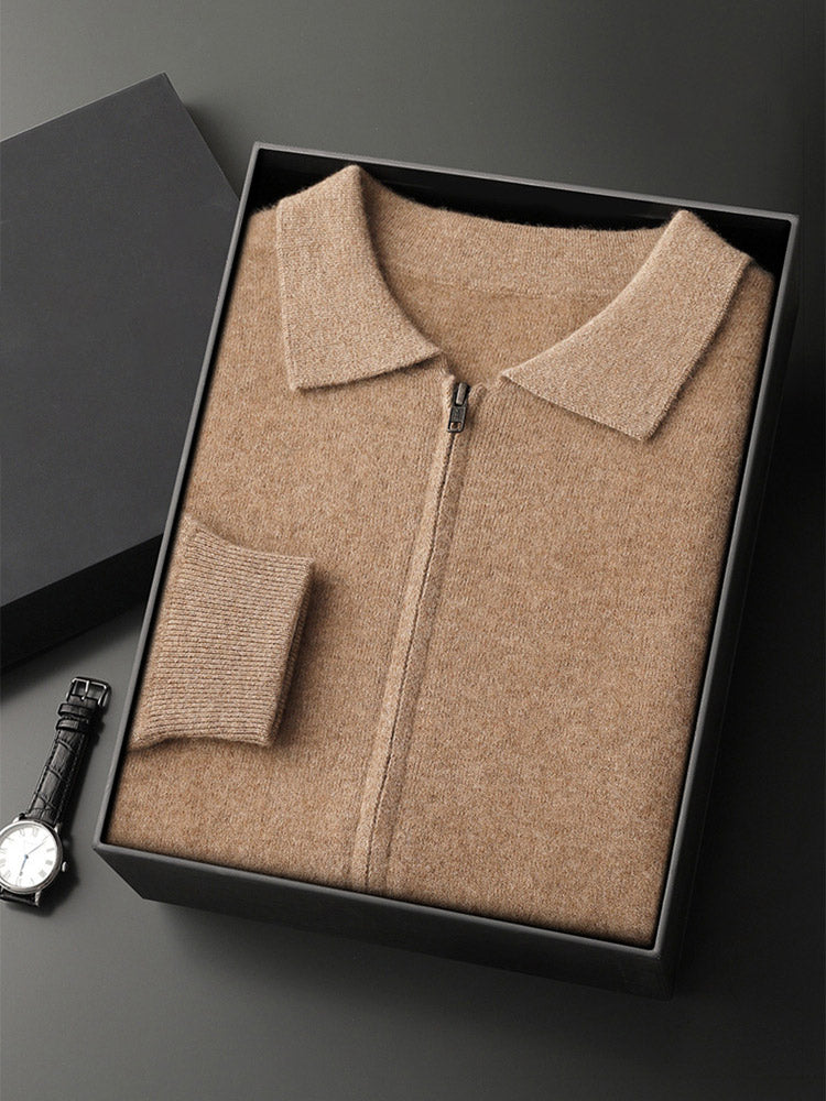 Lanly Cashmere Collared Zip Jacket - Camel Premium Mongolia Cashmere Commuter Outerwear