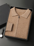 Lanly Cashmere Collared Zip Jacket - Camel Premium Mongolia Cashmere Commuter Outerwear