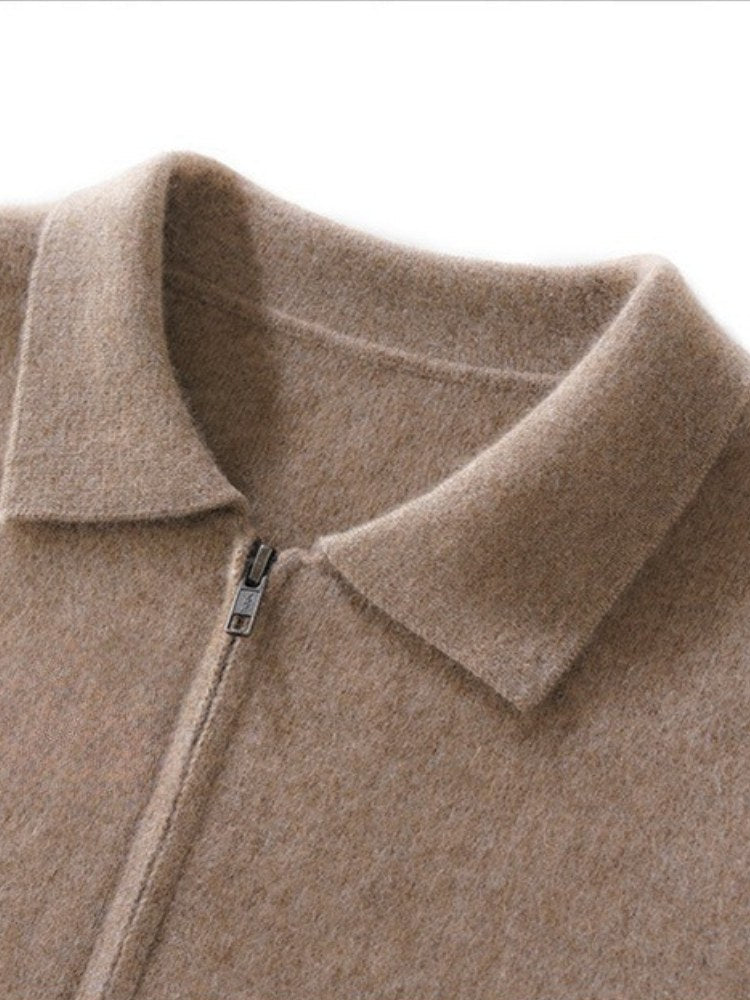 Lanly Cashmere Collared Zip Jacket - Camel Premium Mongolia Cashmere Commuter Outerwear