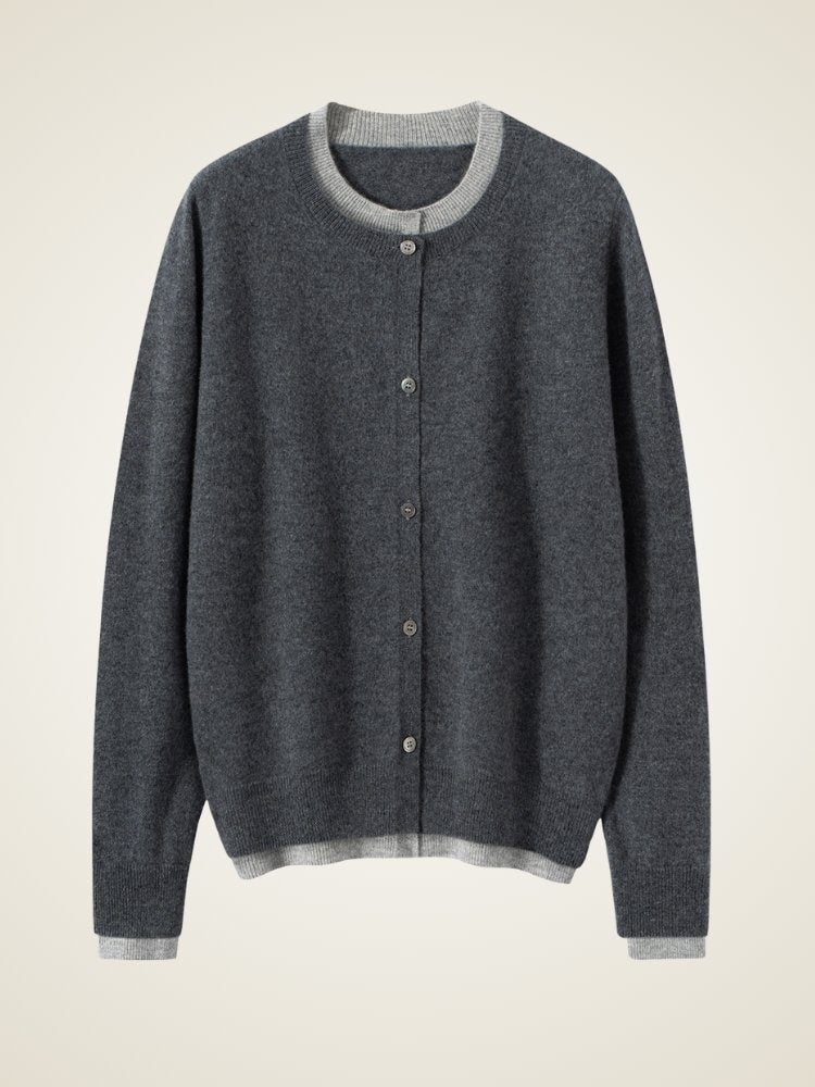 Lanly Cashmere Crewneck Cardigan - Grey Mongolia Layered Knit Sweater