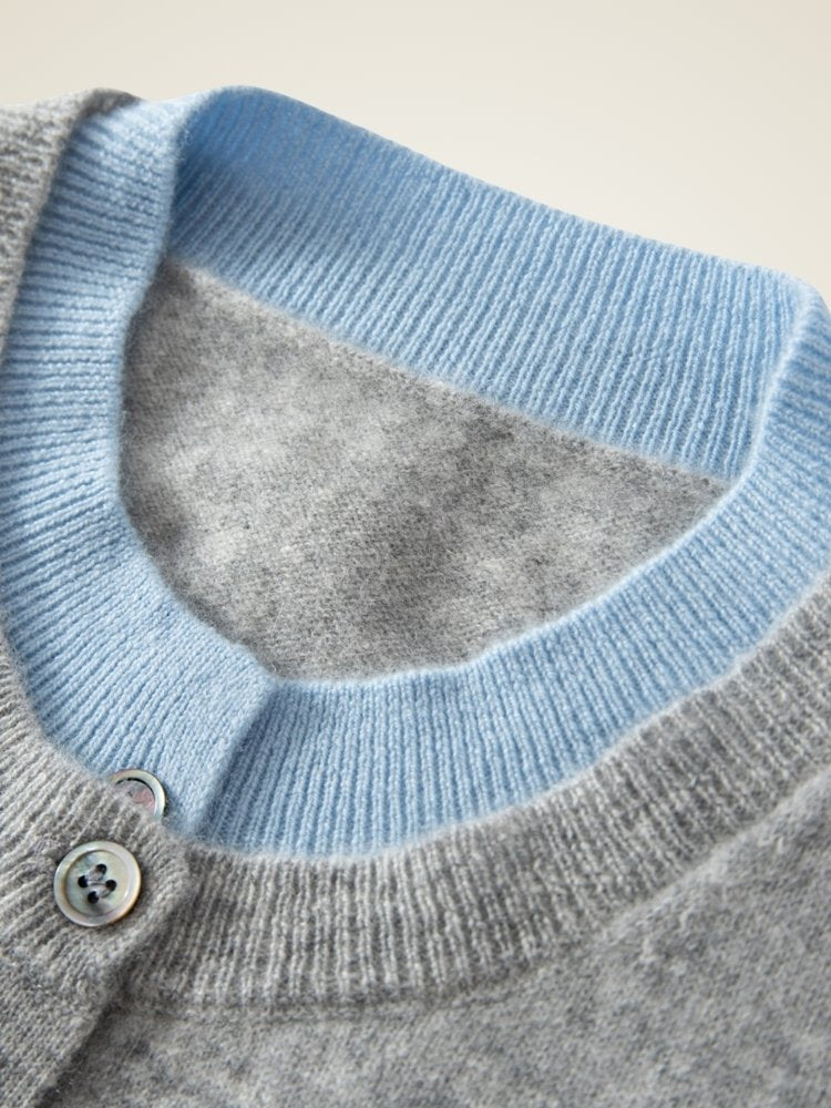 Lanly Cashmere Crewneck Cardigan - Grey Mongolia Layered Knit Sweater