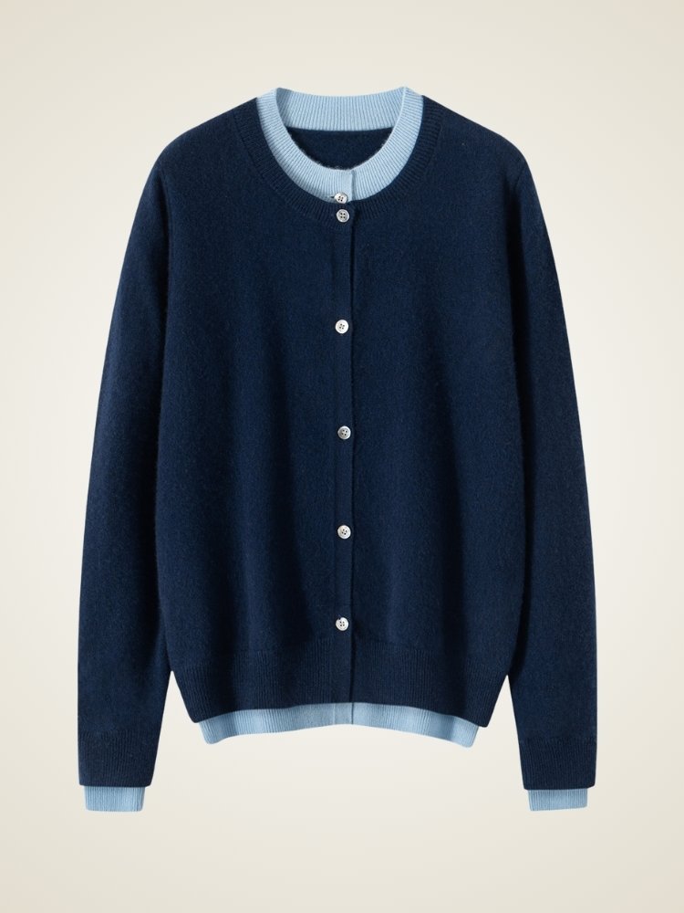 Lanly Cashmere Crewneck Cardigan - Grey Mongolia Layered Knit Sweater