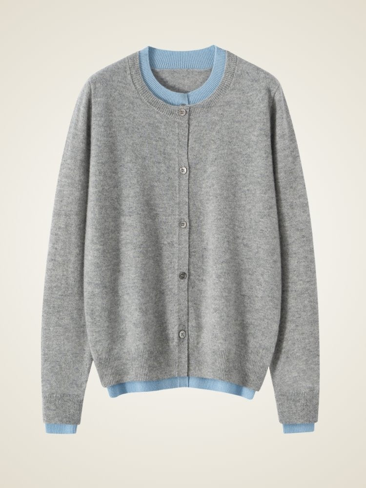 Lanly Cashmere Crewneck Cardigan - Grey Mongolia Layered Knit Sweater