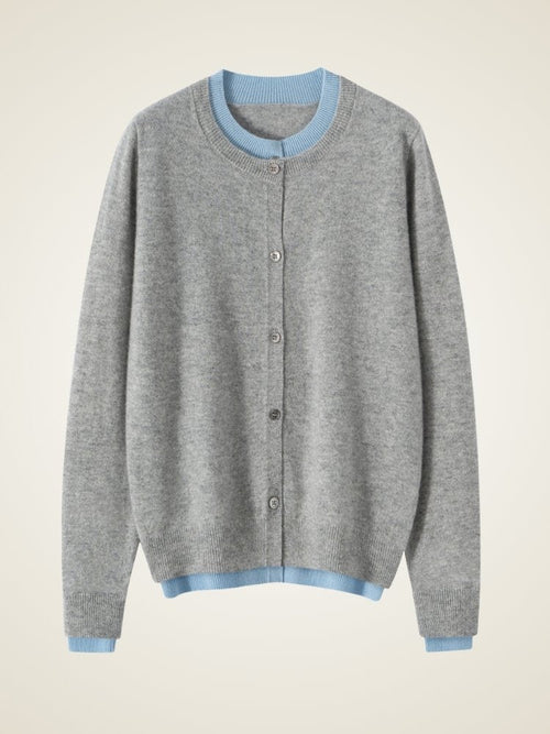 Lanly Cashmere Crewneck Cardigan - Grey Mongolia Layered Knit Sweater