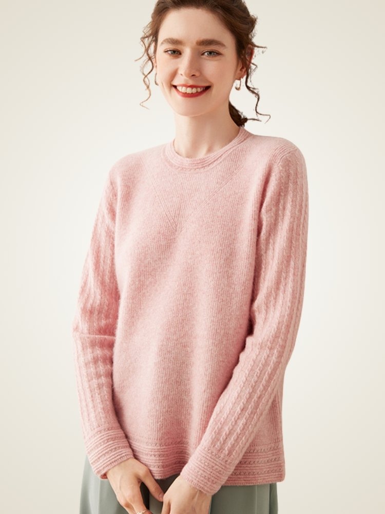 Lanly Cashmere Crewneck Sweater - Beige Mongolia Cable-Sleeve Pullove