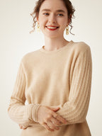 Lanly Cashmere Crewneck Sweater - Beige Mongolia Cable-Sleeve Pullove