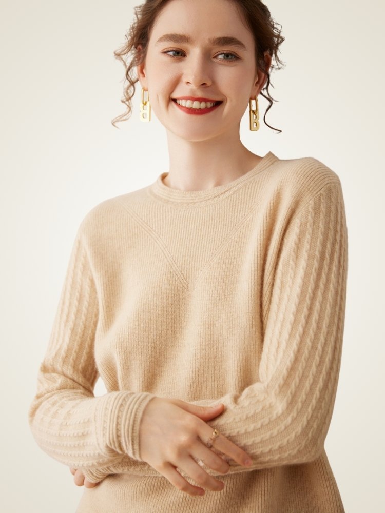 Lanly Cashmere Crewneck Sweater - Beige Mongolia Cable-Sleeve Pullove