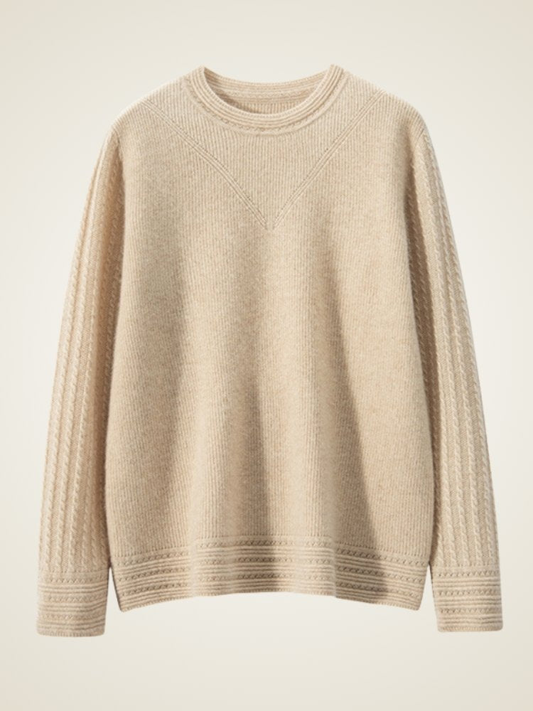 Lanly Cashmere Crewneck Sweater - Beige Mongolia Cable-Sleeve Pullove