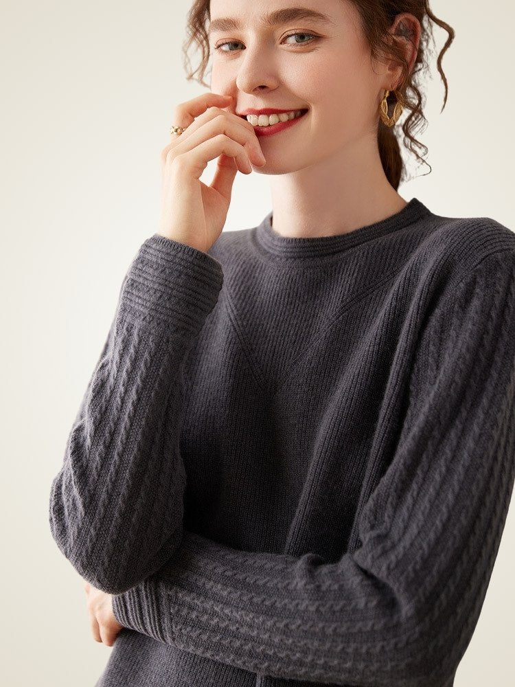 Lanly Cashmere Crewneck Sweater - Beige Mongolia Cable-Sleeve Pullove