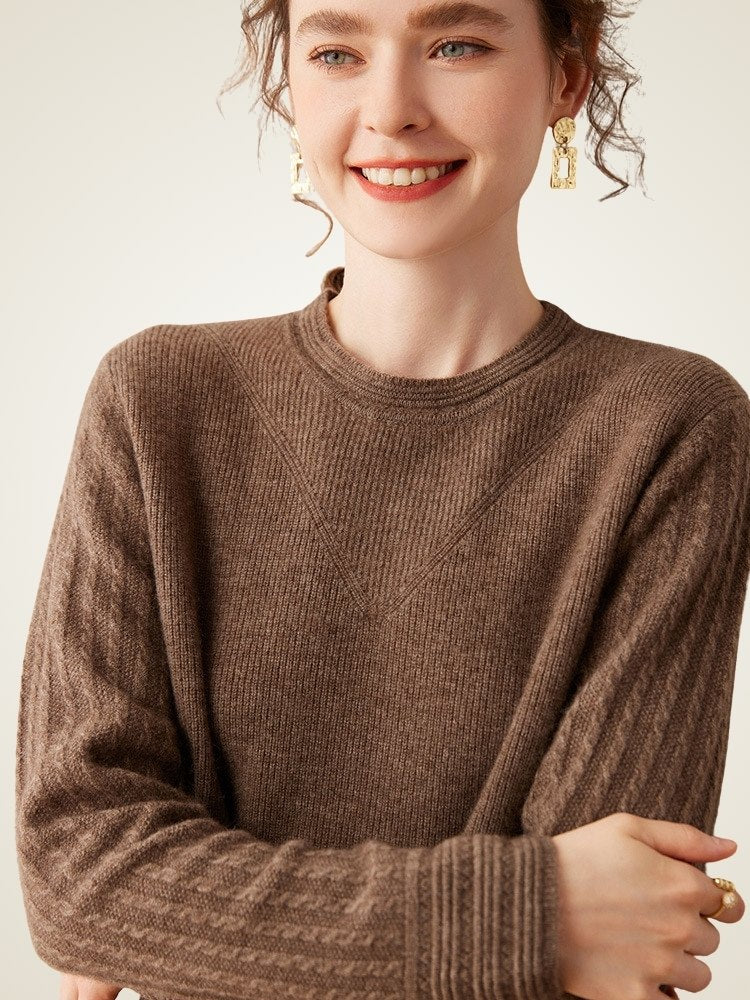 Lanly Cashmere Crewneck Sweater - Beige Mongolia Cable-Sleeve Pullove