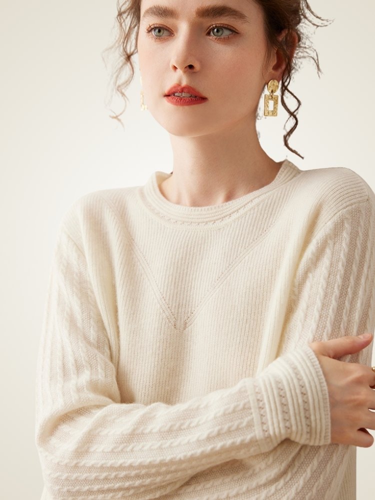 Lanly Cashmere Crewneck Sweater - Beige Mongolia Cable-Sleeve Pullove