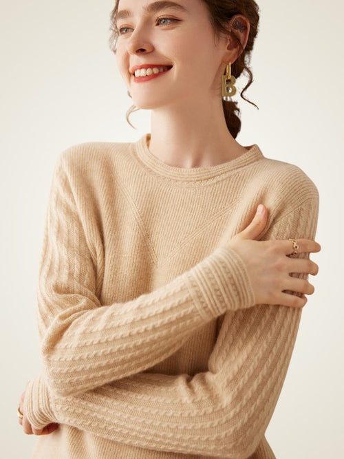 Lanly Cashmere Crewneck Sweater - Beige Mongolia Cable-Sleeve Pullove