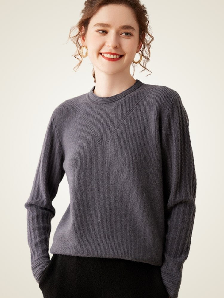 Lanly Cashmere Crewneck Sweater - Beige Mongolia Cable-Sleeve Pullove