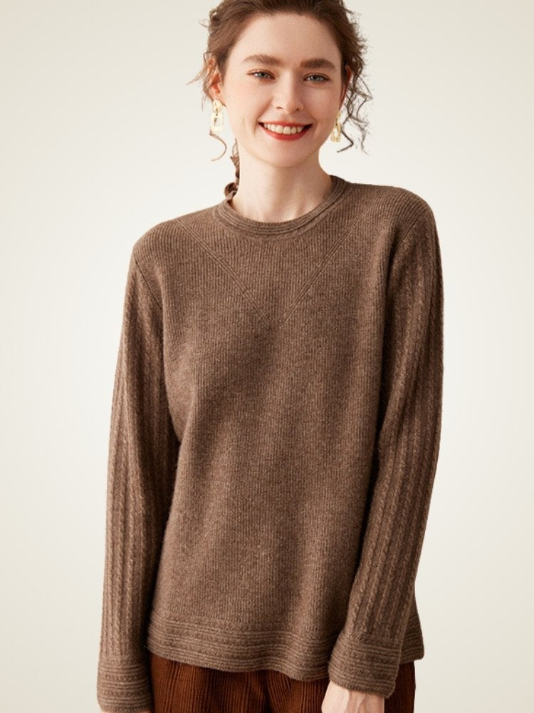 Lanly Cashmere Crewneck Sweater - Beige Mongolia Cable-Sleeve Pullove