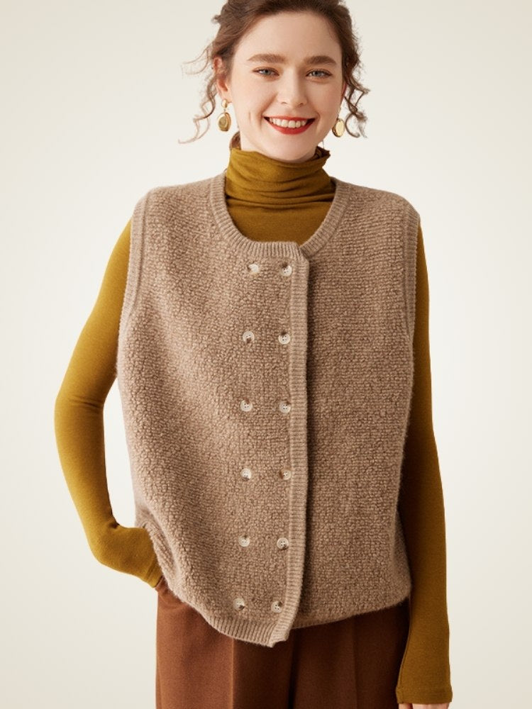 Lanly Cashmere Double-Breasted Vest - Grey Mongolia Cashmere Knit Waistcoat