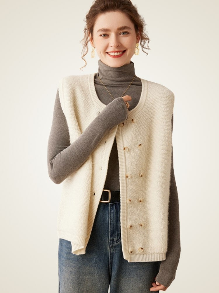 Lanly Cashmere Double-Breasted Vest - Grey Mongolia Cashmere Knit Waistcoat