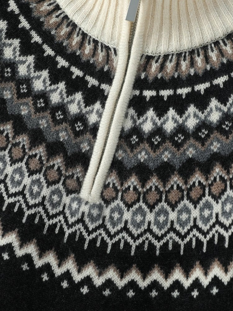 Lanly Cashmere Fair Isle Sweater - Black Mongolia Quarter-Zip Pullover