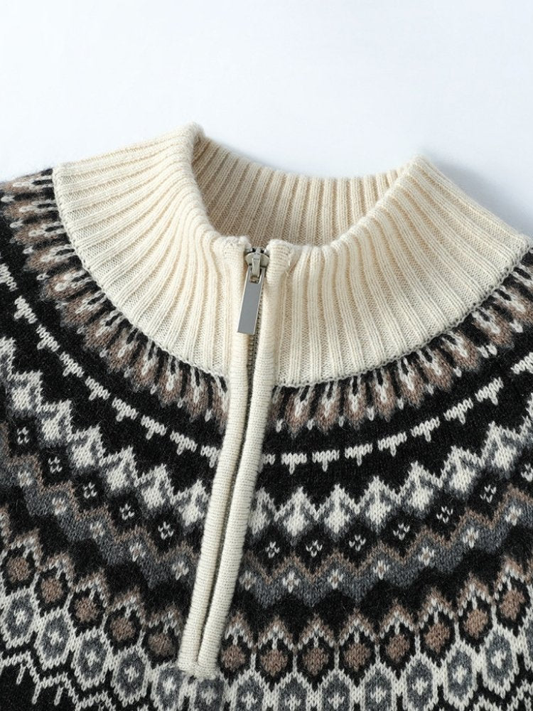 Lanly Cashmere Fair Isle Sweater - Black Mongolia Quarter-Zip Pullover