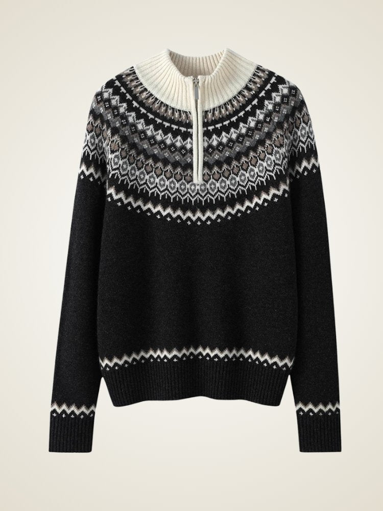 Lanly Cashmere Fair Isle Sweater - Black Mongolia Quarter-Zip Pullover