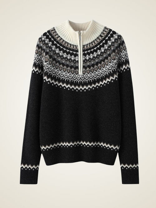 Lanly Cashmere Fair Isle Sweater - Black Mongolia Quarter-Zip Pullover