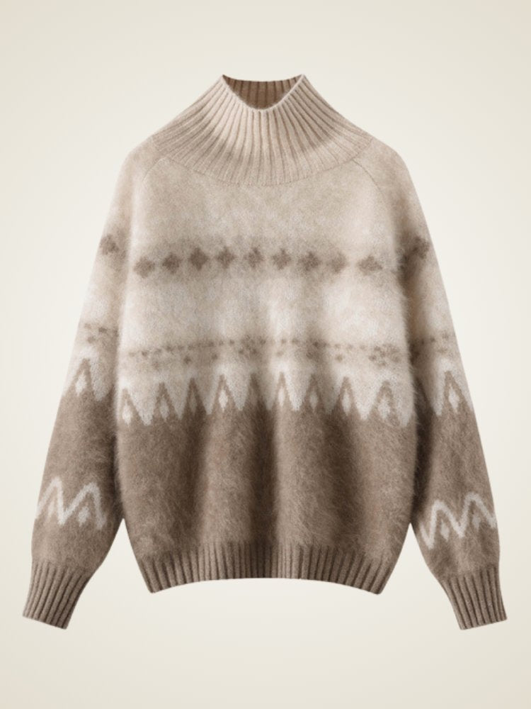 Lanly Cashmere Fair Isle Sweater - Fuzzy Mongolia Mock Neck Pullover