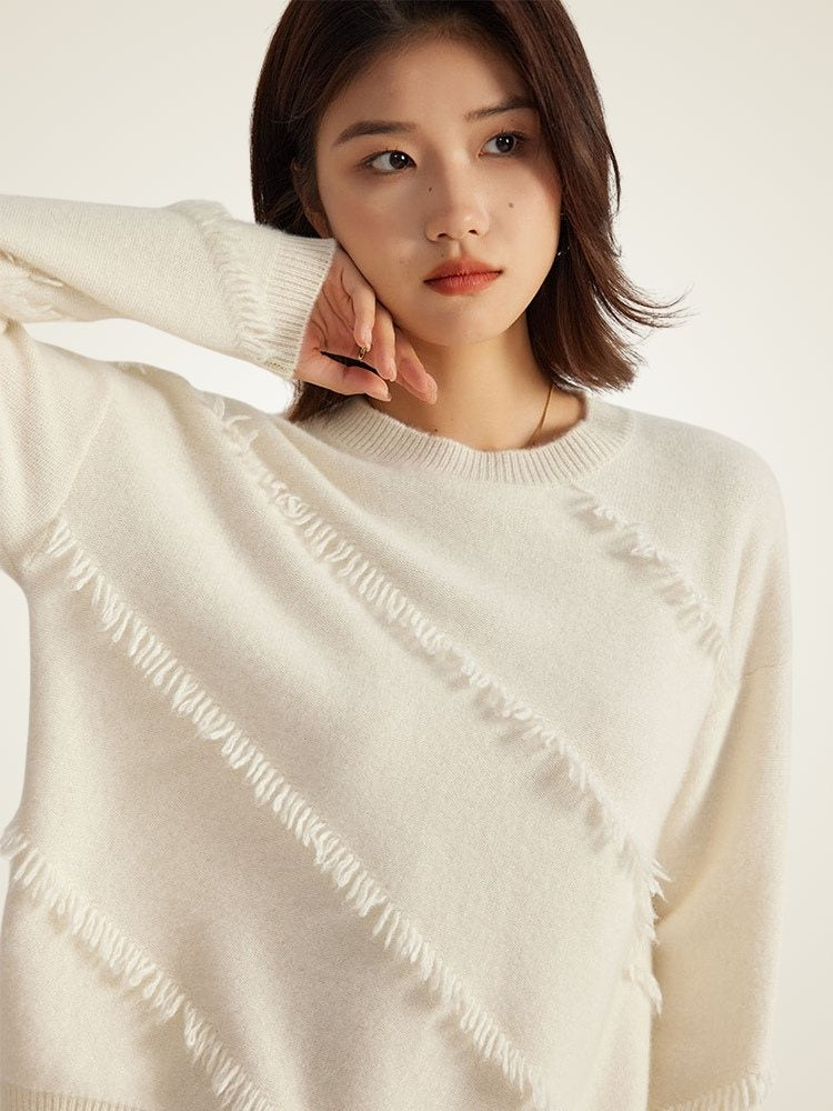Lanly Cashmere Fringe Stripe Sweater - White Mongolia Deconstructed Knit