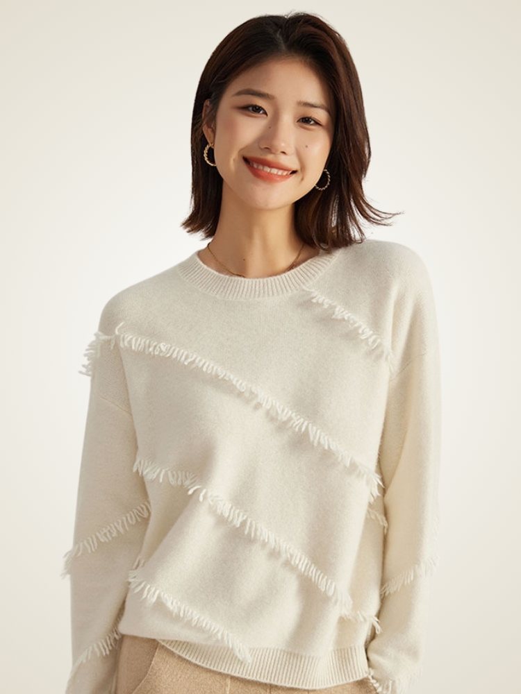 Lanly Cashmere Fringe Stripe Sweater - White Mongolia Deconstructed Knit