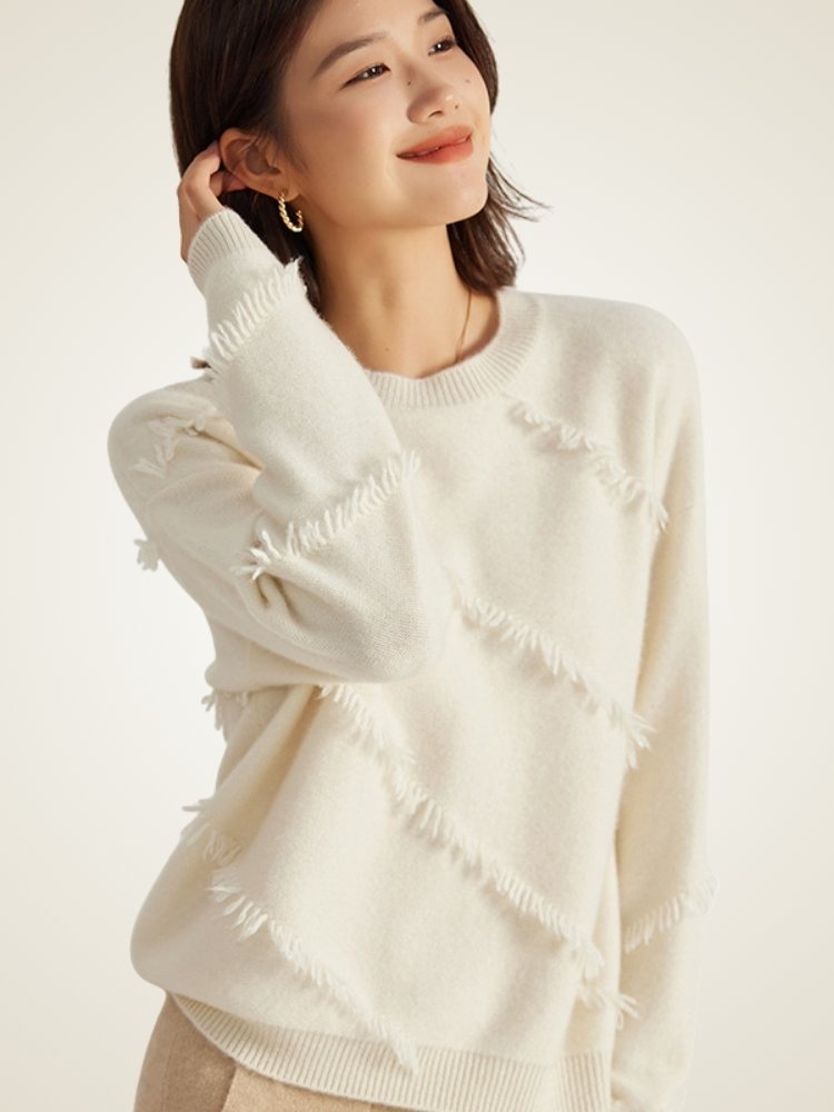 Lanly Cashmere Fringe Stripe Sweater - White Mongolia Deconstructed Knit
