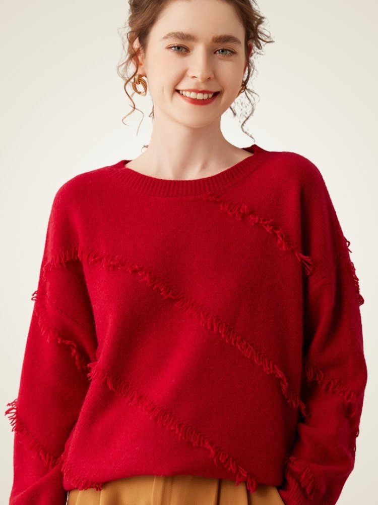 Lanly Cashmere Fringe Trim Sweater - Mongolia Cashmere Crewneck Knit