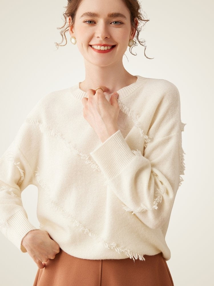 Lanly Cashmere Fringe Trim Sweater - Mongolia Cashmere Crewneck Knit