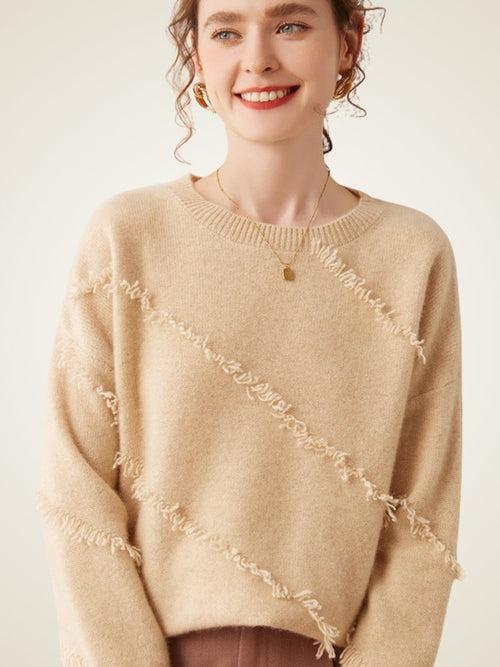 Lanly Cashmere Fringe Trim Sweater - Mongolia Cashmere Crewneck Knit