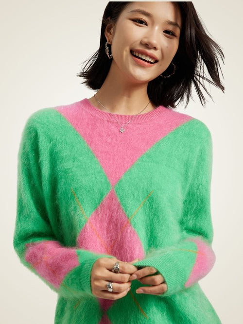 Lanly Cashmere Fuzzy Argyle Sweater - Green Pink Mongolia Cashmere Crewneck