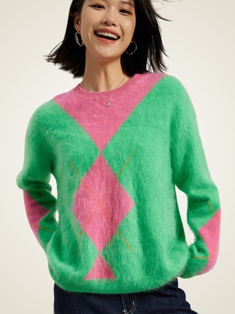 Lanly Cashmere Fuzzy Argyle Sweater - Green Pink Mongolia Cashmere Crewneck