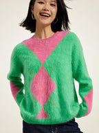 Lanly Cashmere Fuzzy Argyle Sweater - Green Pink Mongolia Cashmere Crewneck